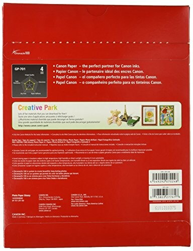 Back view of Canon paper packaging with product details and Creative Park advertisement.