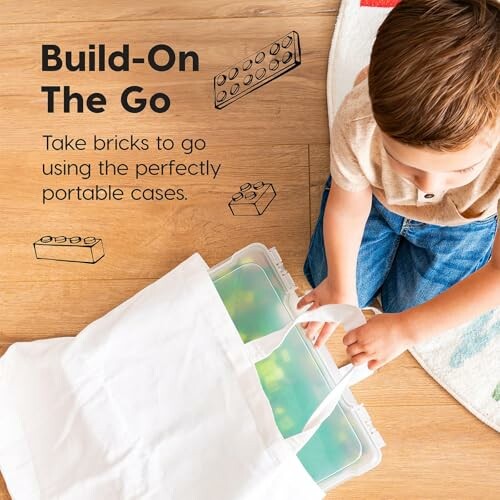 Child sitting on floor with toy bricks and portable cases.