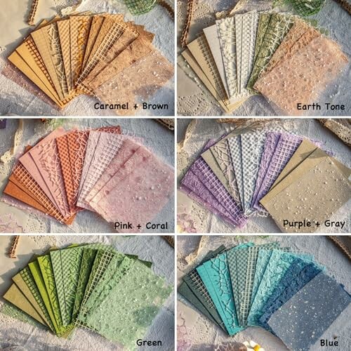 Assorted fabric samples in various colors like caramel, earth tone, pink, purple, green, and blue.