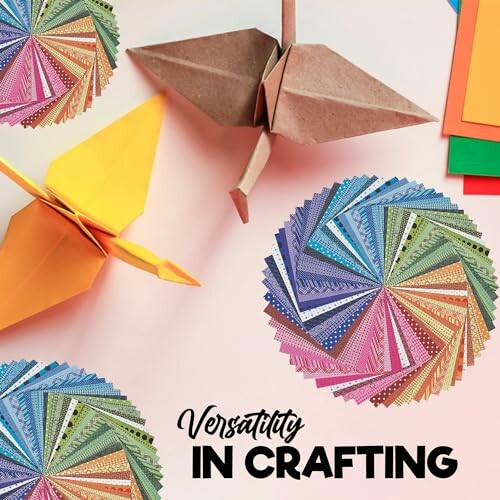 Colorful origami cranes and paper spirals with crafting materials.