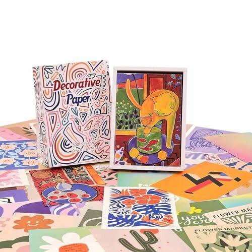 Colorful decorative paper set with various artistic designs.