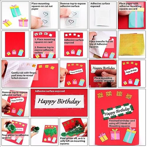 Step-by-step guide to making a DIY birthday card with mounting squares and glitter.