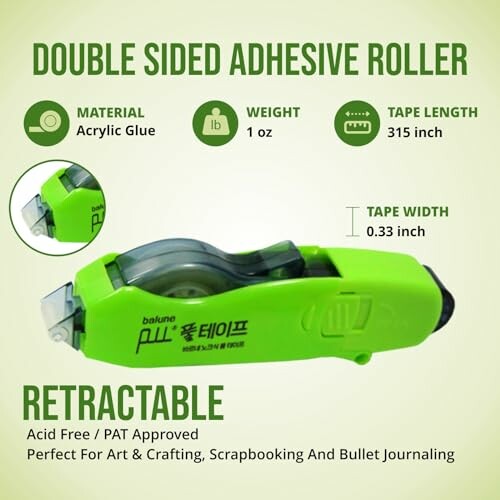 Green double sided adhesive roller with acrylic glue and retractable feature, 315 inch tape length.