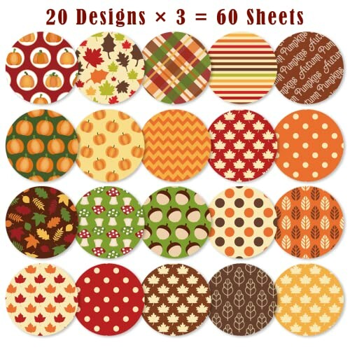 Fall-themed paper designs with pumpkins, leaves, and patterns in autumn colors.