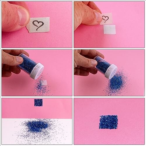 Step-by-step process of making a glitter heart art project on pink paper.