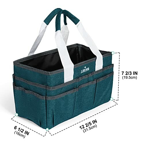 Green tool tote bag with white handles and multiple pockets.