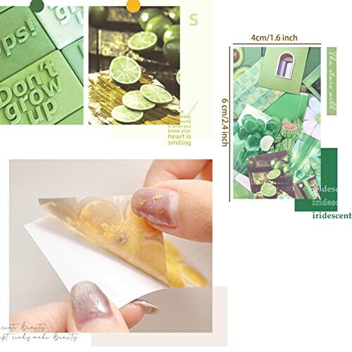 Aesthetic collage with green and yellow elements including text, lime slices, and hands peeling a sticker.