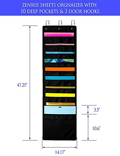 Hanging sheet organizer with 10 deep pockets and 3 door hooks.