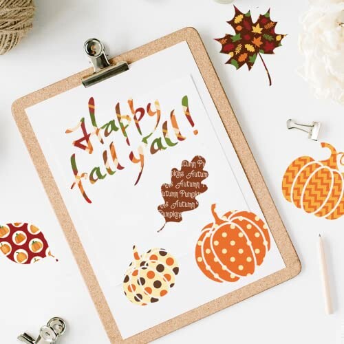 Autumn-themed artwork with 'Happy Fall Y'all' text on a clipboard, surrounded by decorative pumpkins and leaves.