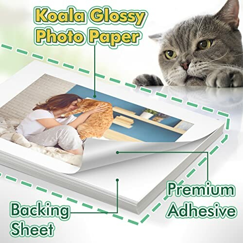 Photo paper with premium adhesive features, showing a woman and cat photo.