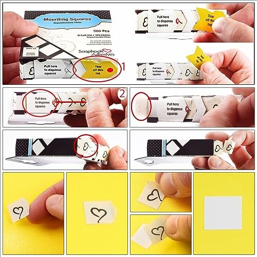 Step-by-step instructions for using mounting squares with heart designs.