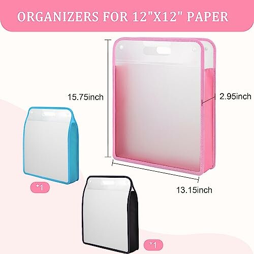 Organizers for 12x12 paper in pink, blue, and black colors with dimensions.