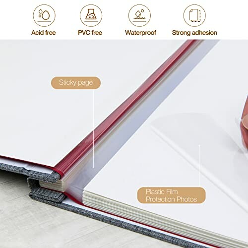 Open photo album with sticky pages and plastic film protection.