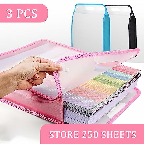 Three colorful plastic document organizers holding 250 sheets each.