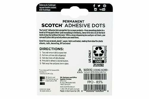 Back packaging of Scotch Adhesive Dots with directions and recycling information.