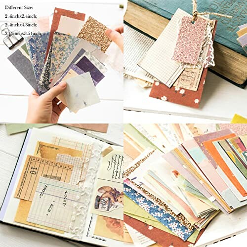 Various scrapbook paper pieces and crafting materials.