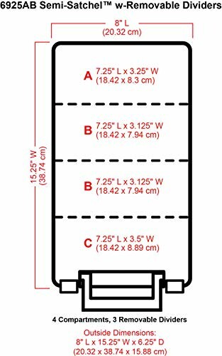 Diagram of a storage box with removable dividers and dimensions labeled