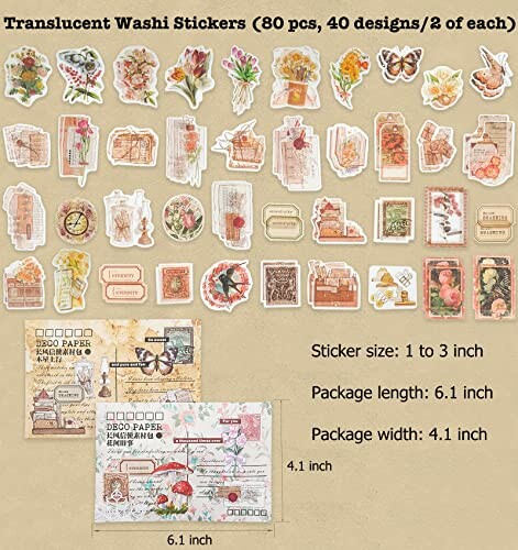 Collection of translucent washi stickers with floral and vintage designs.