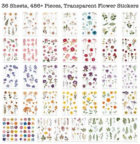 36 sheets of transparent flower stickers with various floral designs.