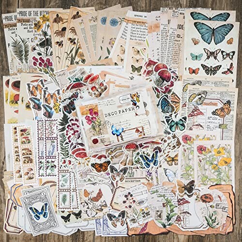 Assorted vintage botanical and butterfly stickers and papers.