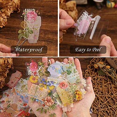 Hands holding vintage floral stickers showing waterproof and easy to peel features.